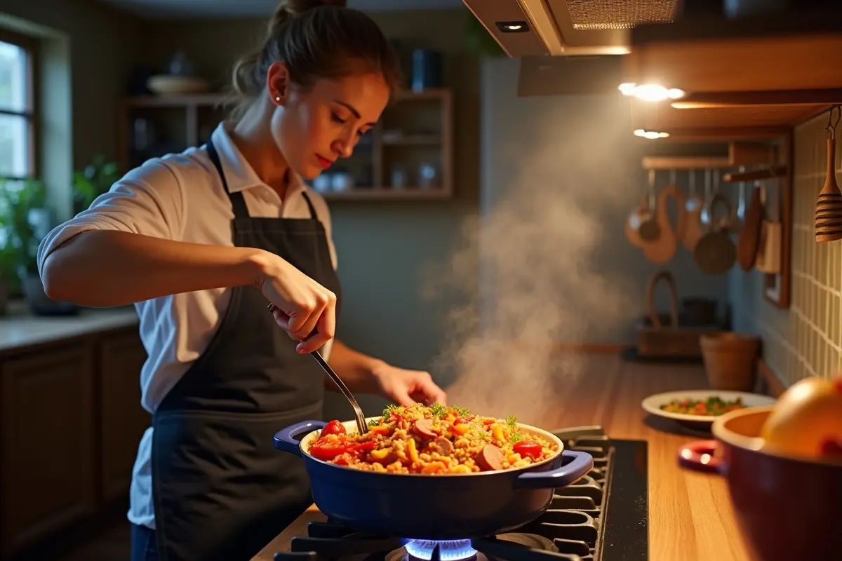 person making jambalaya in kitchen