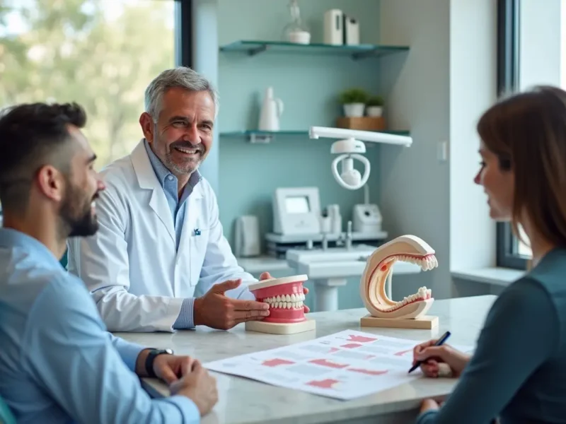 dentist explaining dental implant benefits compared to dentures and bridges