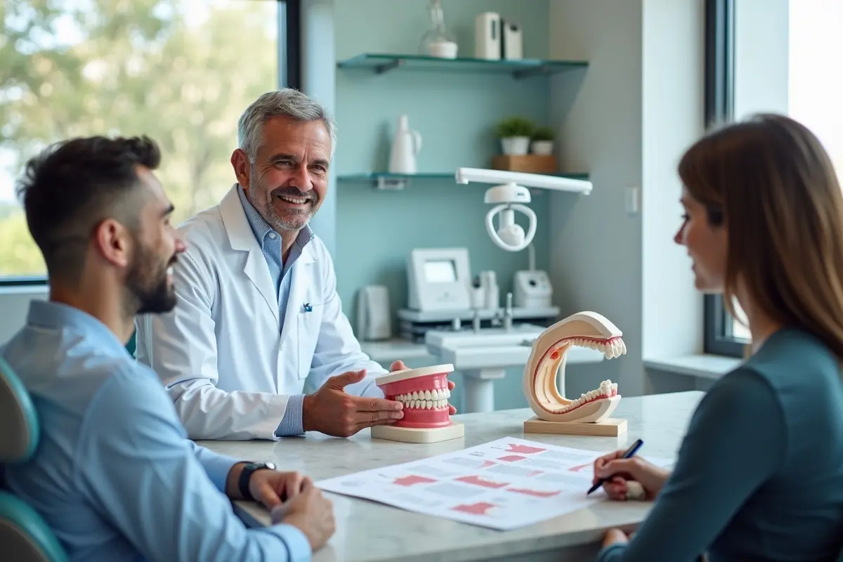 dentist explaining dental implant benefits compared to dentures and bridges