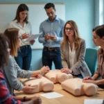 team participating in group first aid training for certification