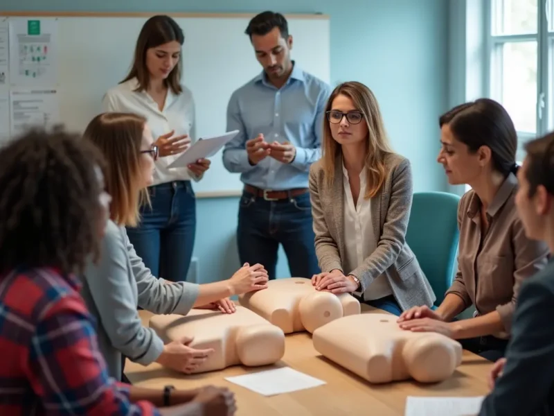 team participating in group first aid training for certification