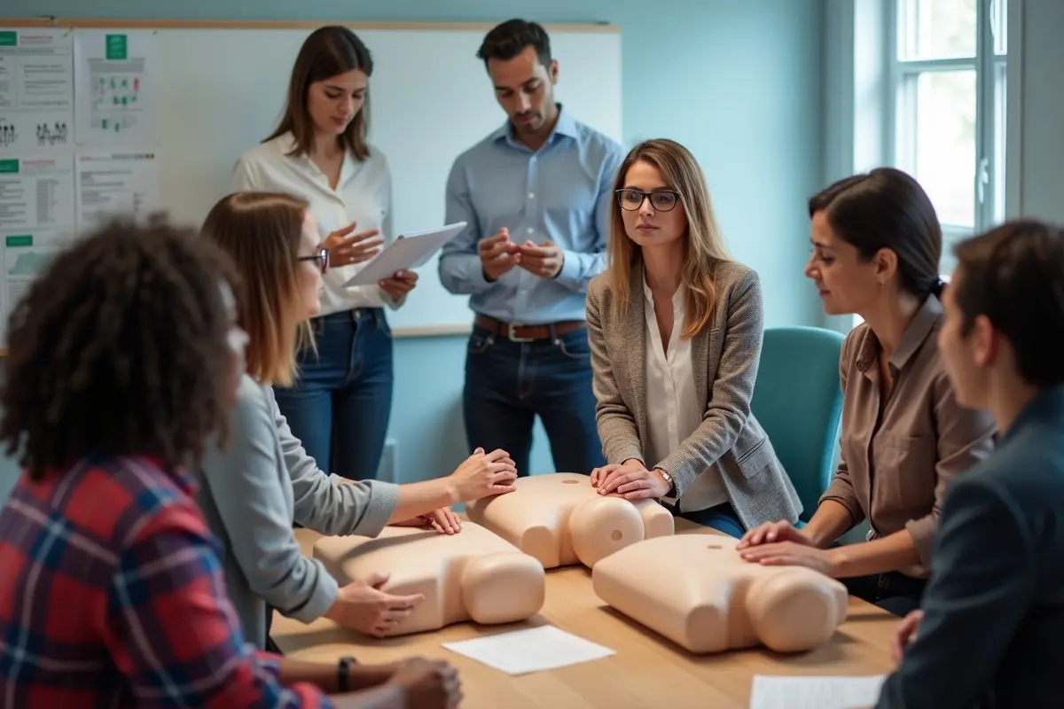 team participating in group first aid training for certification