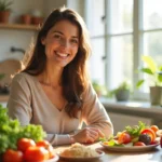 new mother enjoying healthy meal supporting postpartum recovery and wellness