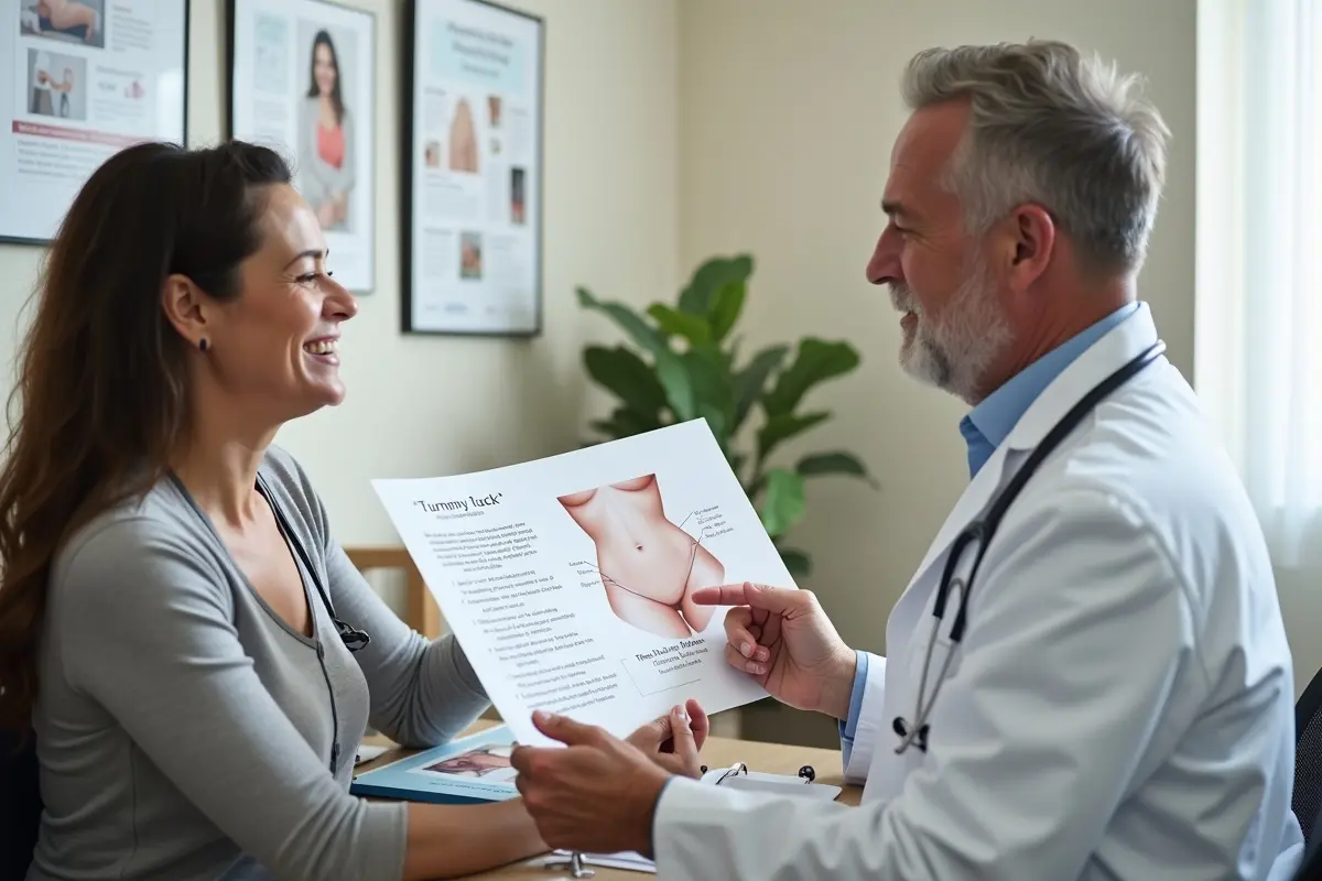 patient learning about tummy tuck procedure and recovery expectations