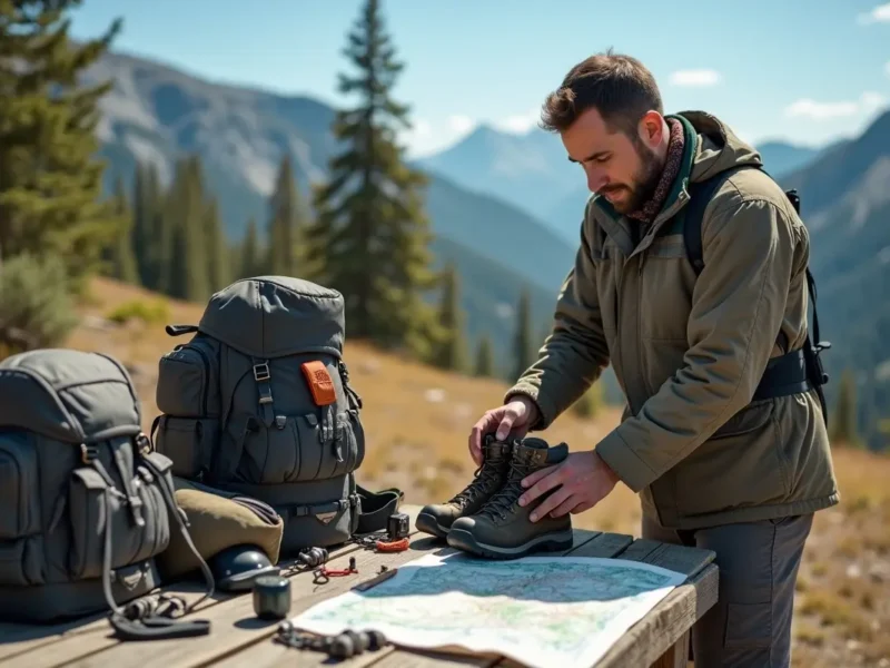 adventurer packing essential gear for outdoor exploration and activities