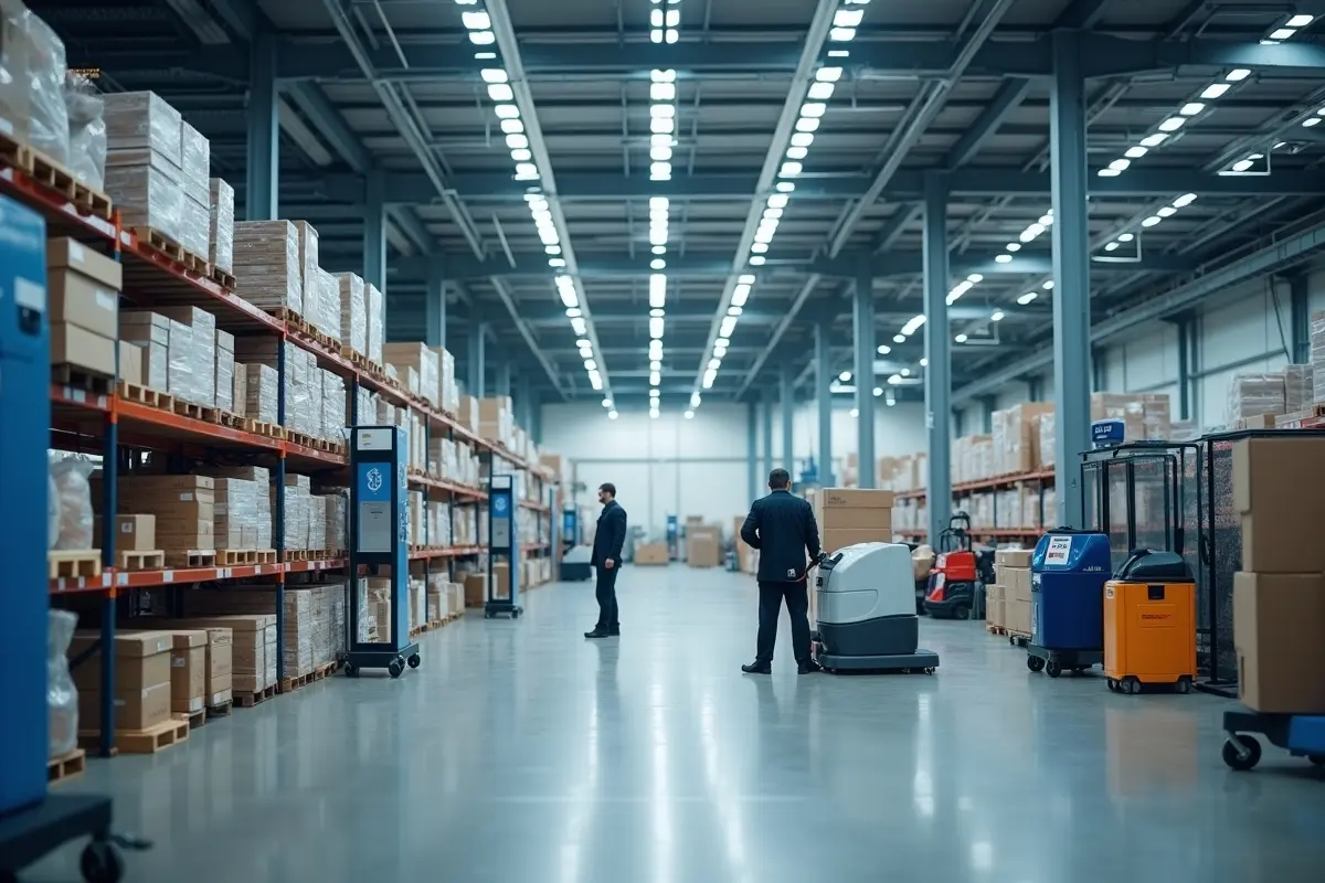 warehouse workers using modern cleaning techniques for greater efficiency